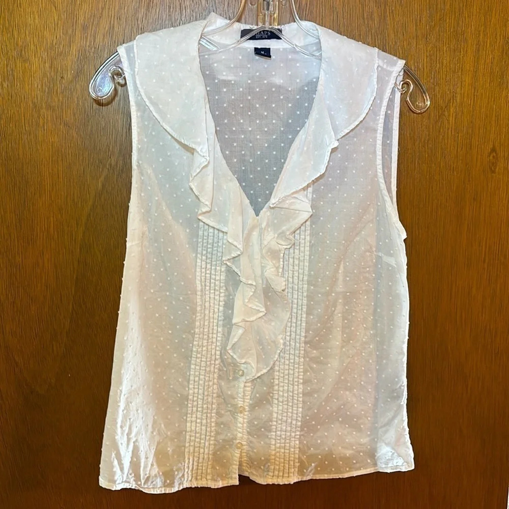 Chaps Beautiful White Cotton Swiss Dot Ruffled Neck Blouse Size M